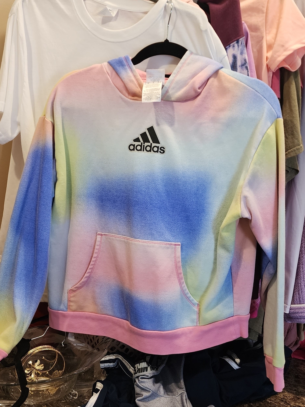 adidas Kids Pastel Rainbow Tie-Dye Hoodie - Pink, Blue, Yellow New Without Tags